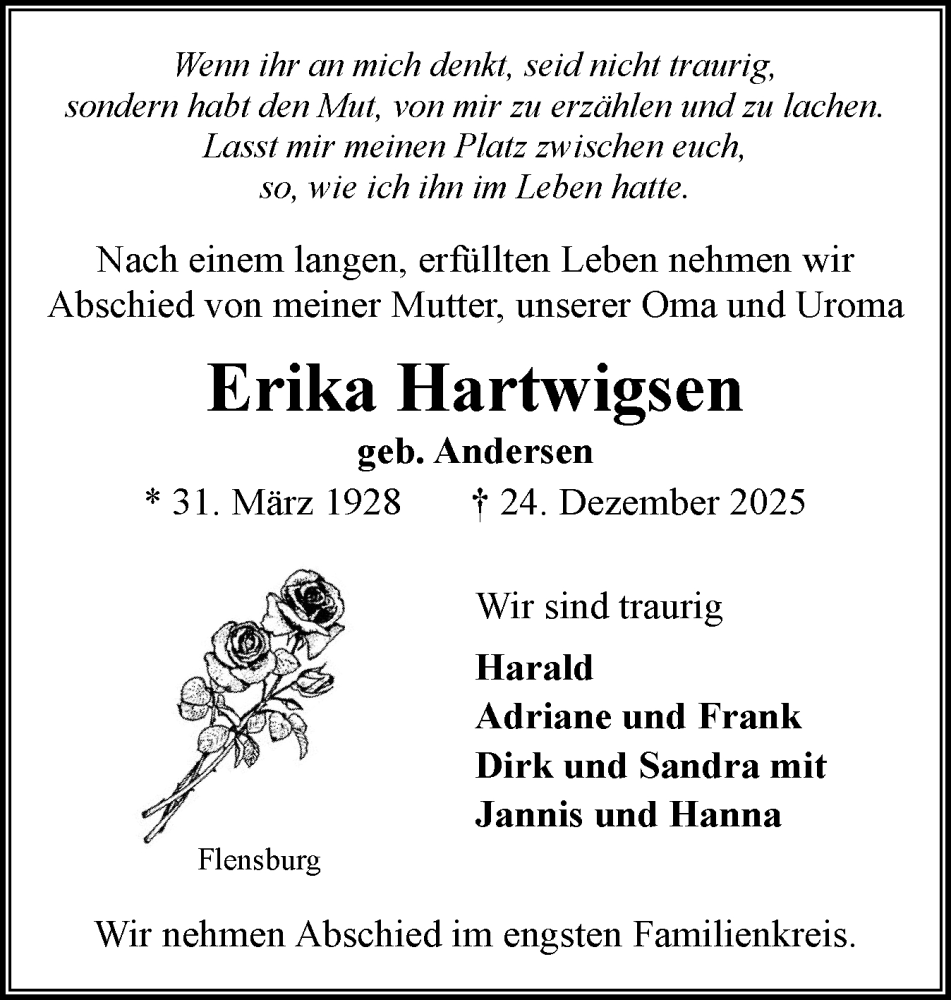  Traueranzeige für Erika Hartwigsen vom 03.01.2026 aus Flensburger Tageblatt