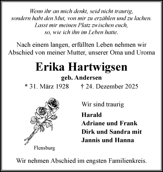 Traueranzeige von Erika Hartwigsen von Flensburger Tageblatt