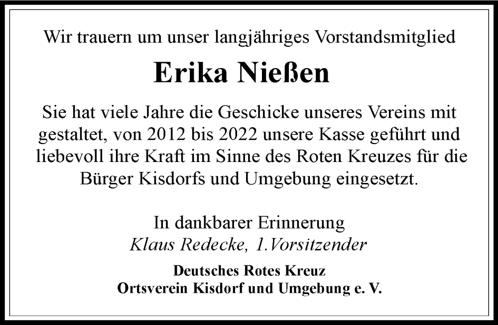  Traueranzeige für Erika Nießen vom 31.01.2026 aus Umschau