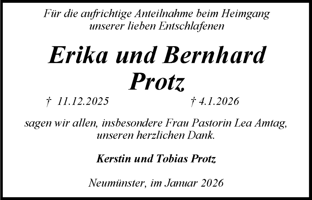  Traueranzeige für Erika Protz vom 17.01.2026 aus Holsteinischer Courier