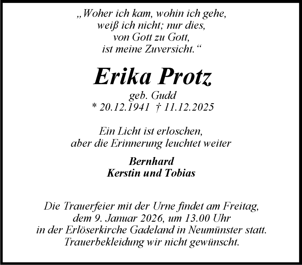  Traueranzeige für Erika Protz vom 03.01.2026 aus Holsteinischer Courier