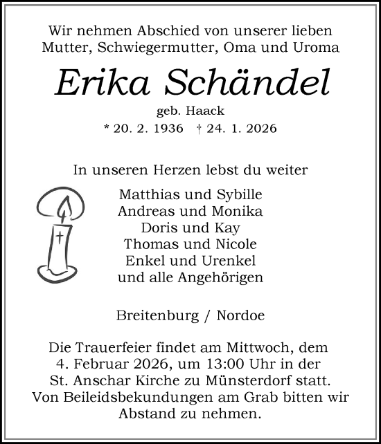 Traueranzeige von Erika Schändel von Norddeutsche Rundschau, Wilstersche Zeitung, Glückstädter Fortuna