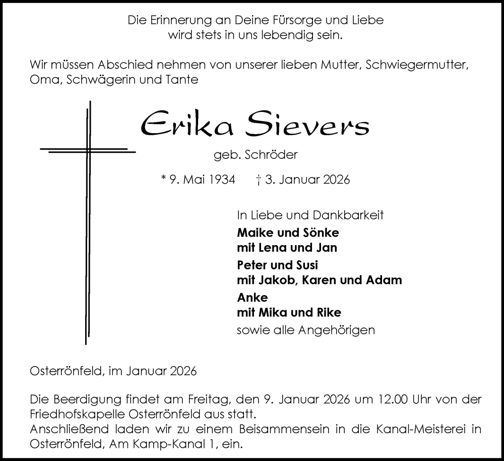  Traueranzeige für Erika Sievers vom 07.01.2026 aus Schleswig-Holsteinische Landeszeitung