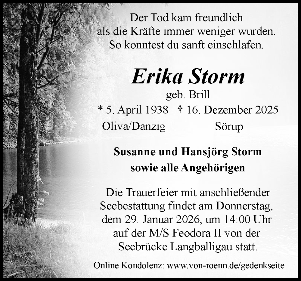  Traueranzeige für Erika Storm vom 10.01.2026 aus Region Pinneberg und tip Pinneberg