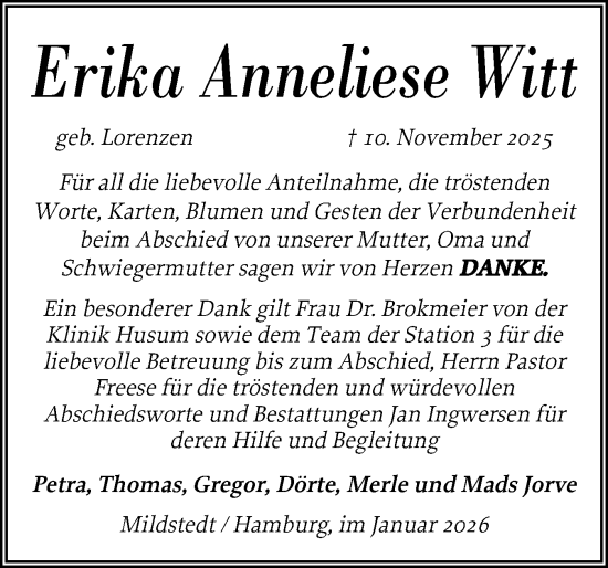 Traueranzeige von Erika Anneliese Witt von Husumer Nachrichten, Nordfriesland Tageblatt