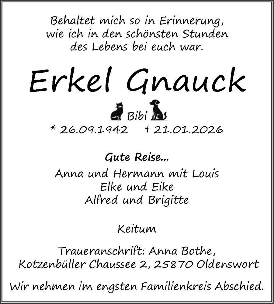  Traueranzeige für Erkel Gnauck vom 30.01.2026 aus Norddeutsche Rundschau, Wilstersche Zeitung, Glückstädter Fortuna