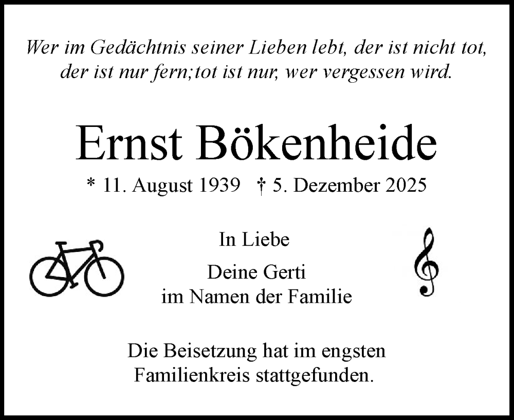  Traueranzeige für Ernst Bökenheide vom 03.01.2026 aus Region Pinneberg und tip Pinneberg