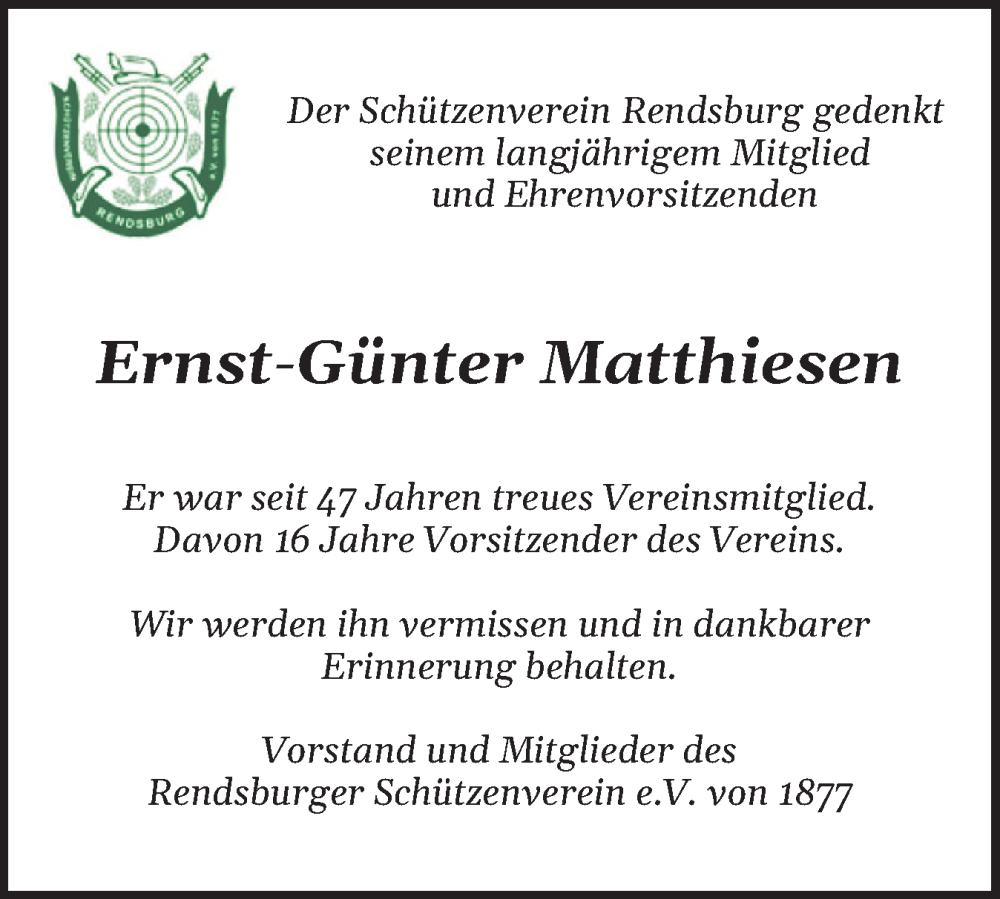  Traueranzeige für Ernst-Günter Matthiesen vom 14.01.2026 aus Schleswig-Holsteinische Landeszeitung