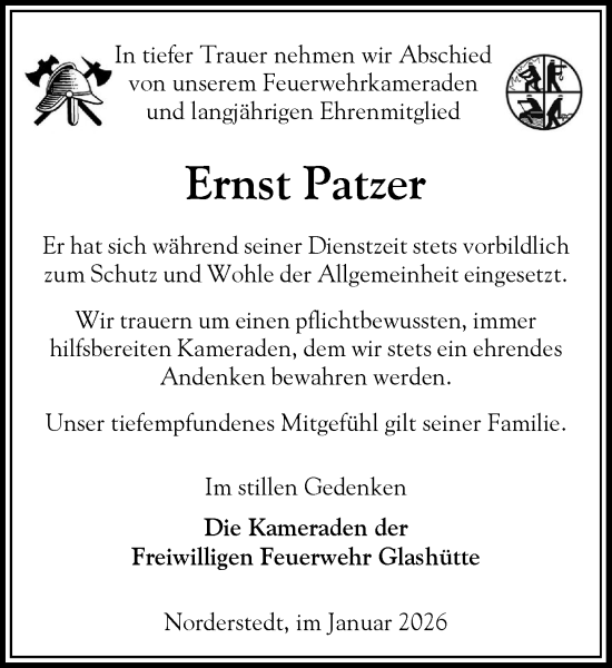 Traueranzeige von Ernst Patzer von Heimatspiegel