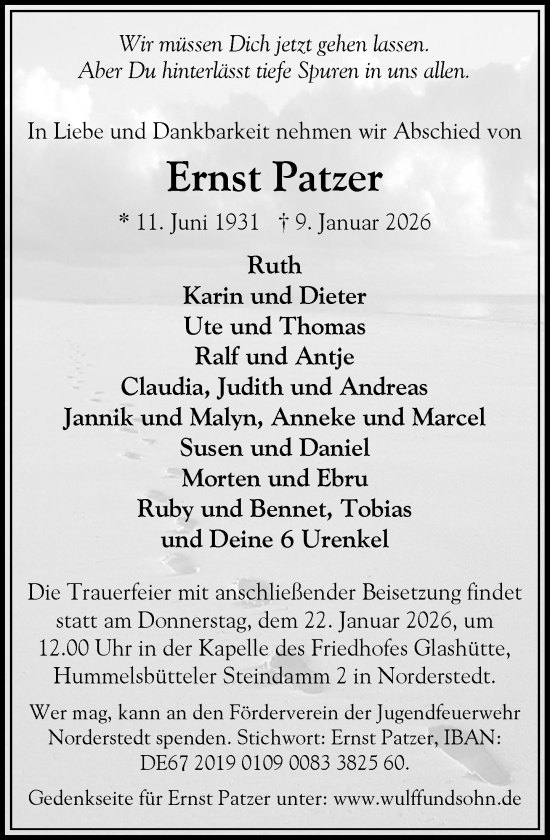 Traueranzeige von Ernst Patzer von Heimatspiegel