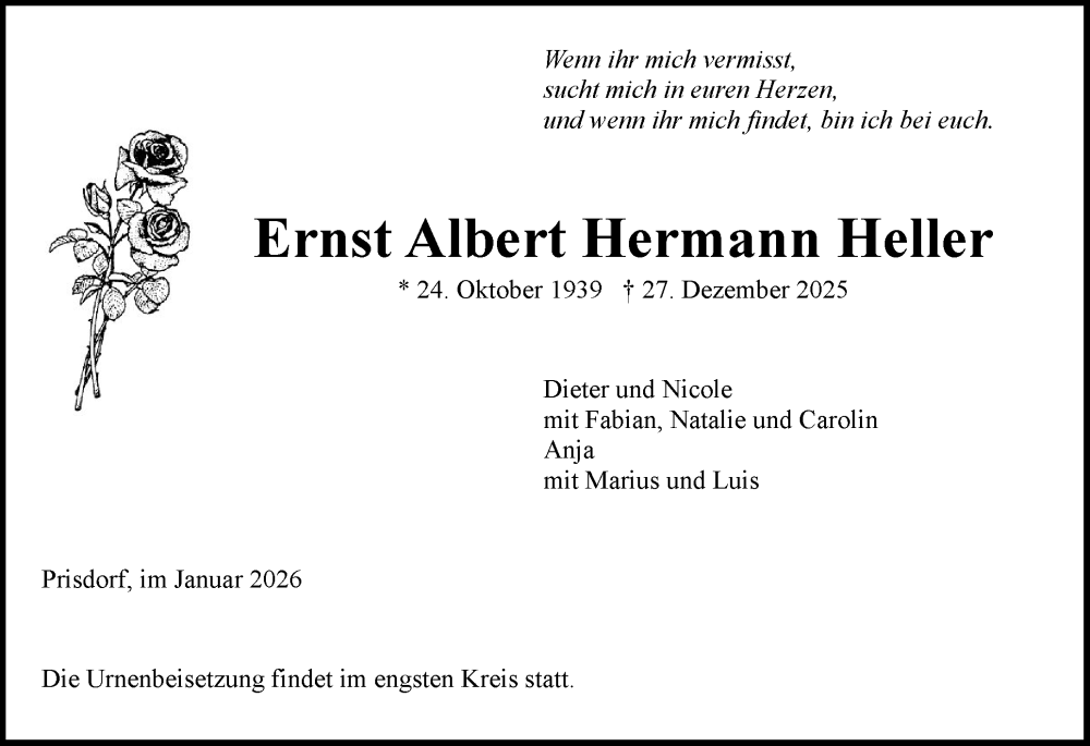  Traueranzeige für Ernst Albert Hermann Heller vom 10.01.2026 aus Region Pinneberg und tip Pinneberg