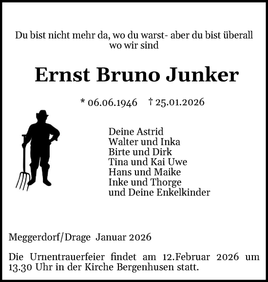 Traueranzeige von Ernst Bruno Junker von Schleswig-Holsteinische Landeszeitung