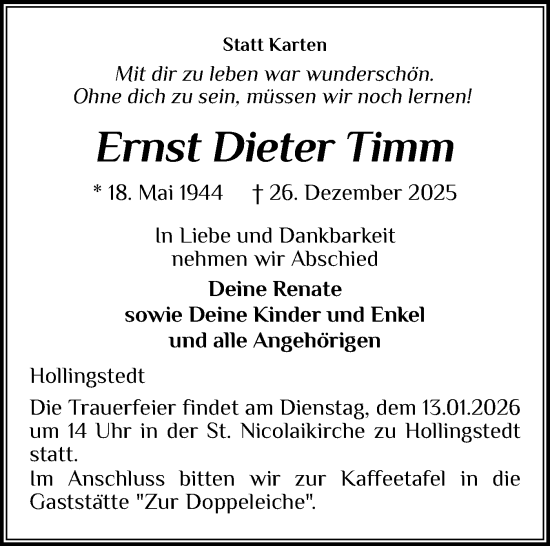 Traueranzeige von Ernst Dieter Timm von Schleswiger Nachrichten, Schlei-Bote