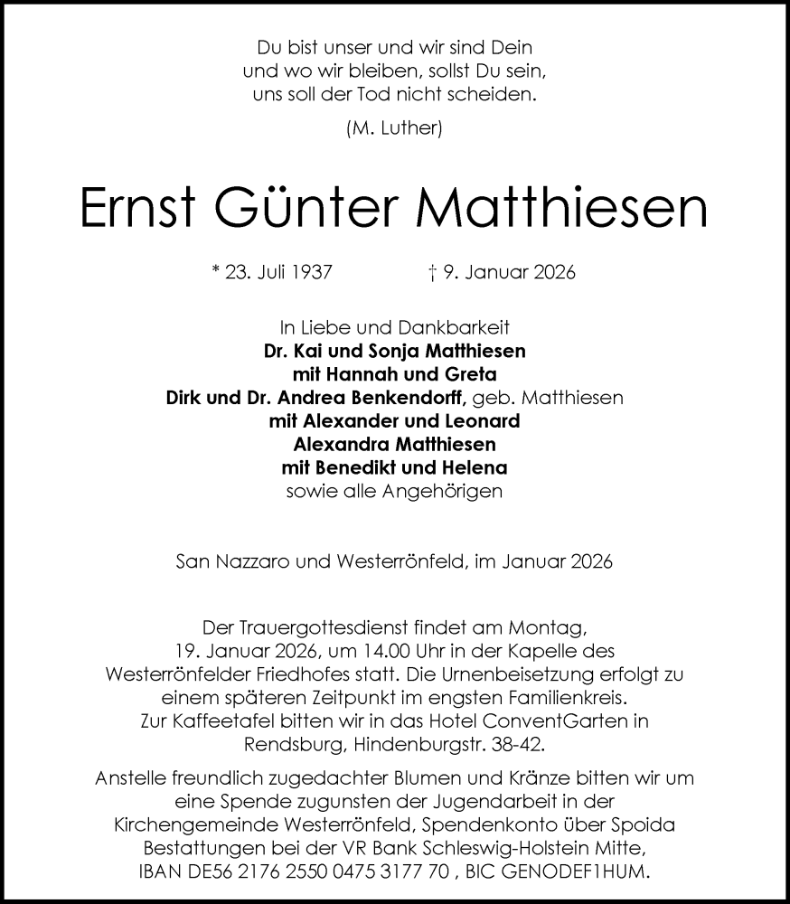  Traueranzeige für Ernst Günter Matthiesen vom 14.01.2026 aus Schleswig-Holsteinische Landeszeitung