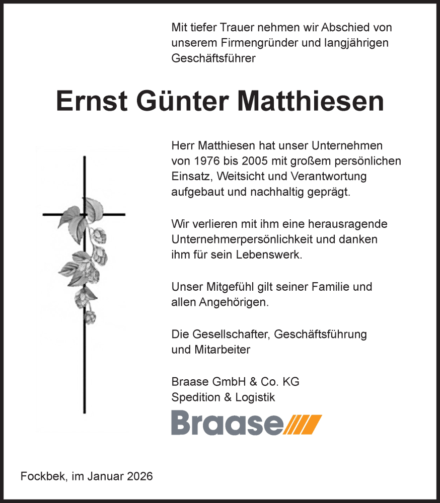 Traueranzeige für Ernst Günter Matthiesen vom 17.01.2026 aus Schleswig-Holsteinische Landeszeitung