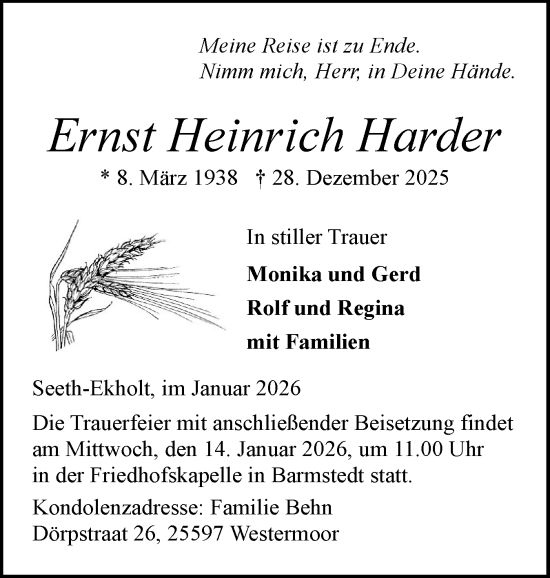 Traueranzeige von Ernst Heinrich Harder von Elmshorner Nachrichten, Barmstedter Zeitung