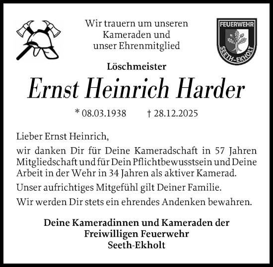 Traueranzeige von Ernst Heinrich Harder von Elmshorner Nachrichten, Barmstedter Zeitung