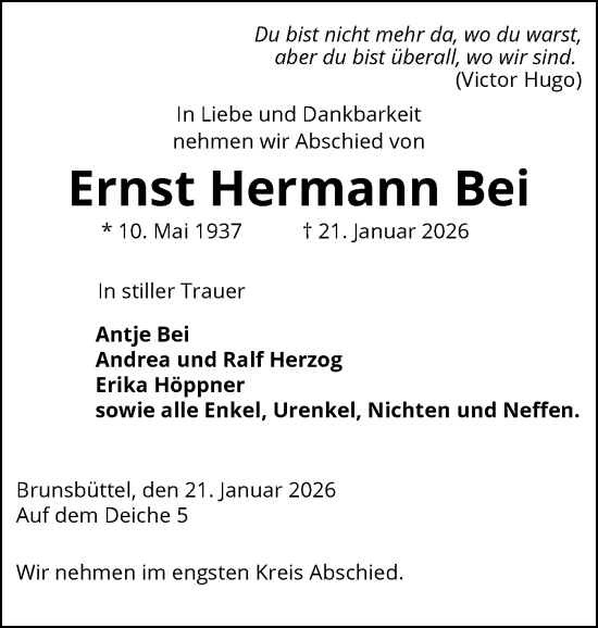 Traueranzeige von Ernst Hermann Bei von Norddeutsche Rundschau, Wilstersche Zeitung, Glückstädter Fortuna