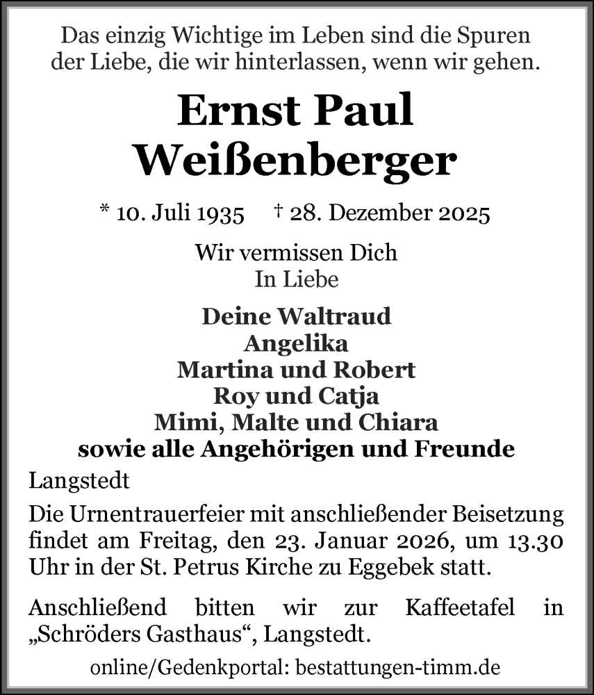  Traueranzeige für Ernst Paul Weißenberger vom 10.01.2026 aus Flensburger Tageblatt