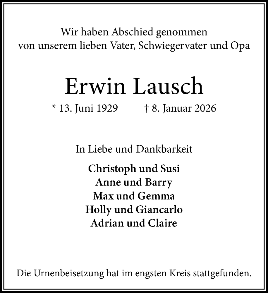  Traueranzeige für Erwin Lausch vom 24.01.2026 aus MARKT Ahrensburg/Bargteheide/Trittau und Stormarner Tageblatt