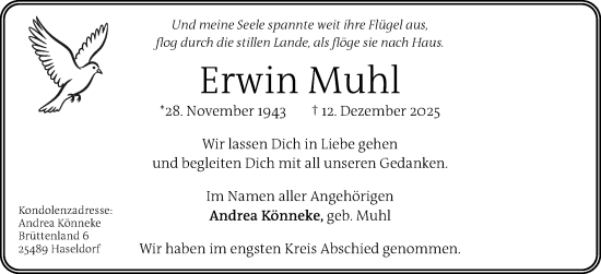 Traueranzeige von Erwin Muhl von Uetersener Nachrichten, Der tip am Wochenende