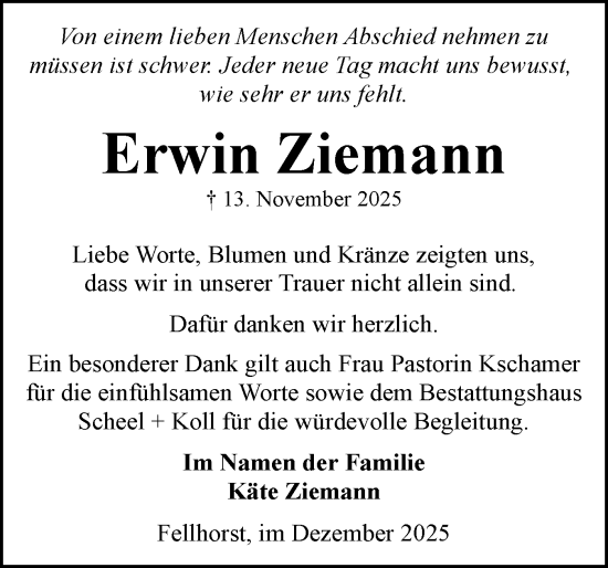 Traueranzeige von Erwin Ziemann von Eckernförder Zeitung, Hallo Eckernförde