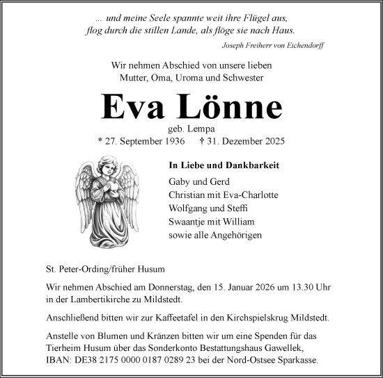 Traueranzeige von Eva Lönne von Husumer Nachrichten, Nordfriesland Tageblatt