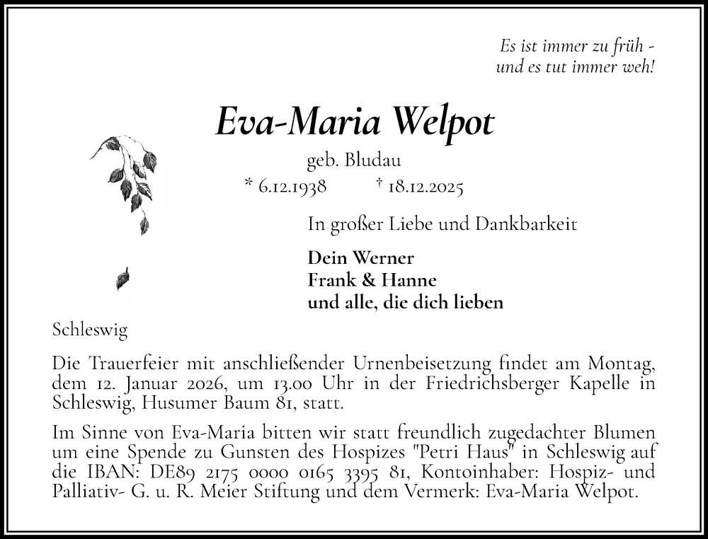  Traueranzeige für Eva-Maria Welpot vom 03.01.2026 aus Schleswiger Nachrichten, Schlei-Bote
