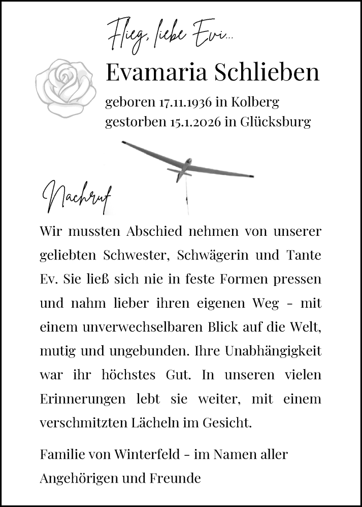  Traueranzeige für Evamaria Schlieben vom 31.01.2026 aus Flensburger Tageblatt