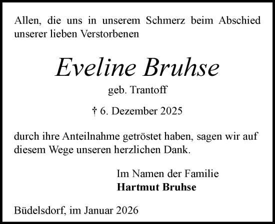Traueranzeige von Eveline Bruhse von Schleswig-Holsteinische Landeszeitung