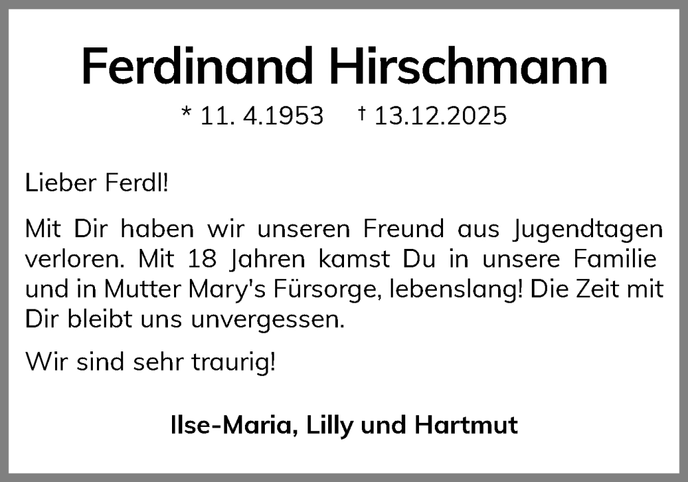  Traueranzeige für Ferdinand Hirschmann vom 03.01.2026 aus Eckernförder Zeitung, Hallo Eckernförde