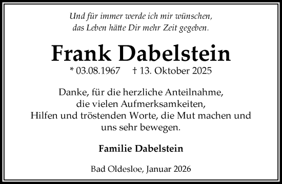 Traueranzeige von Frank Dabelstein von MARKT Bad Oldesloe/Reinfeld und Stormarner Tageblatt