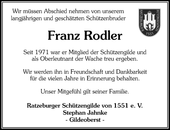 Traueranzeige von Franz Rodler von MARKT Ratzeburg/Mölln