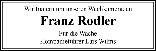 Traueranzeige von Franz Rodler von MARKT Ratzeburg/Mölln