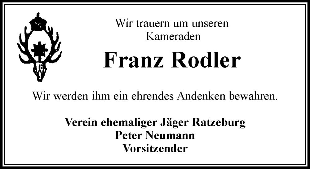  Traueranzeige für Franz Rodler vom 31.01.2026 aus MARKT Ratzeburg/Mölln