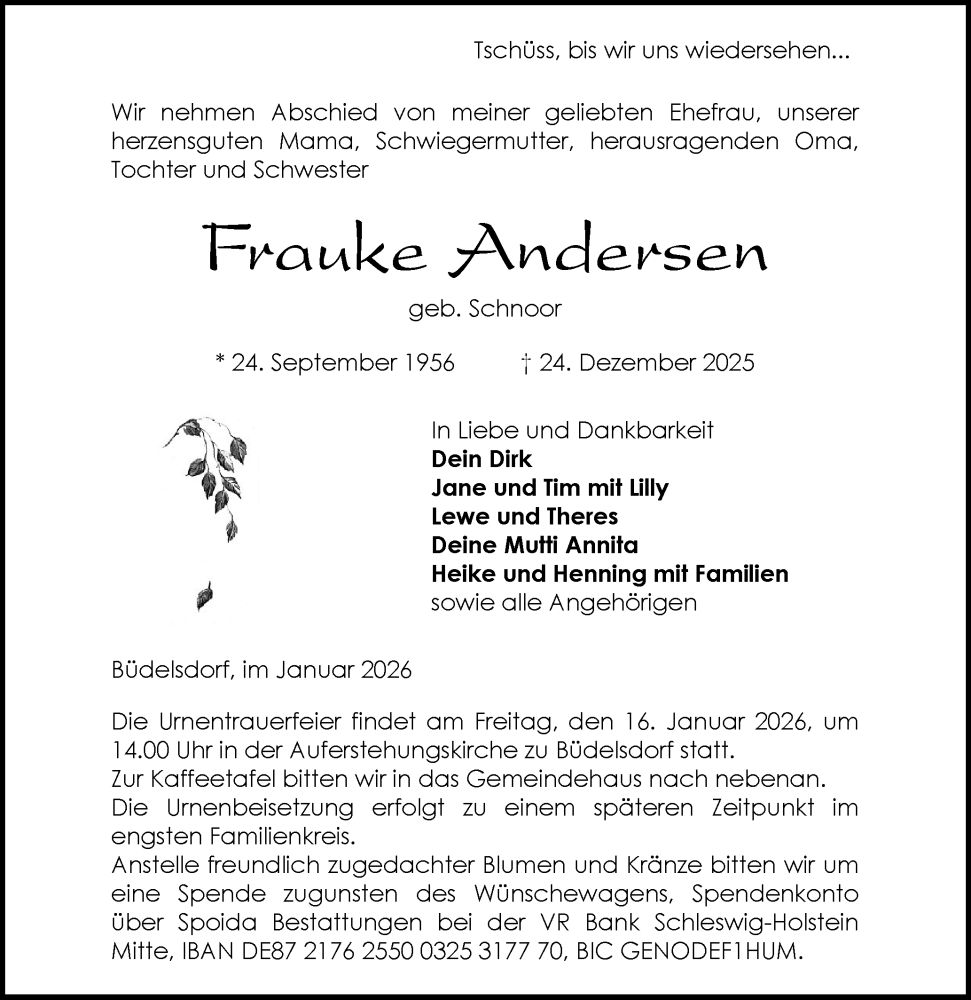  Traueranzeige für Frauke Andersen vom 10.01.2026 aus Schleswig-Holsteinische Landeszeitung