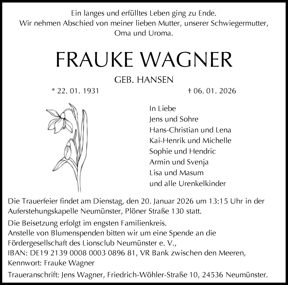  Traueranzeige für Frauke Wagner vom 17.01.2026 aus Holsteinischer Courier