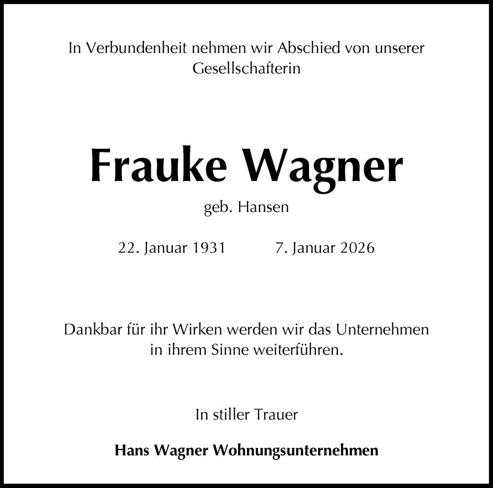  Traueranzeige für Frauke Wagner vom 17.01.2026 aus Holsteinischer Courier