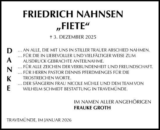 Traueranzeige von Friedrich Nahnsen von Husumer Nachrichten, Nordfriesland Tageblatt