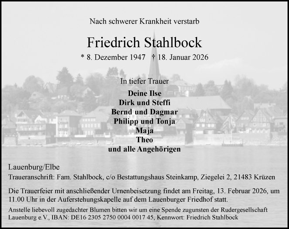  Traueranzeige für Friedrich Stahlbock vom 31.01.2026 aus Wochenend Anzeiger