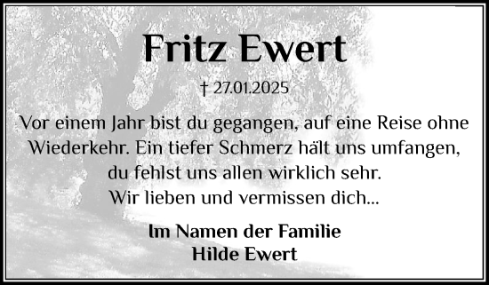 Traueranzeige von Fritz Ewert von Holsteinischer Courier