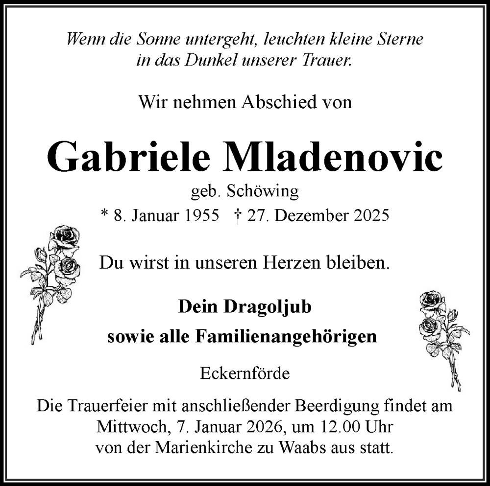  Traueranzeige für Gabriele Mladenovic vom 03.01.2026 aus Eckernförder Zeitung