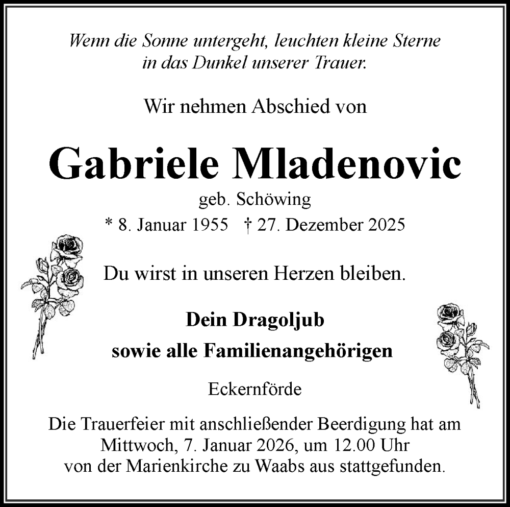  Traueranzeige für Gabriele Mladenovic vom 10.01.2026 aus Hallo Eckernförde