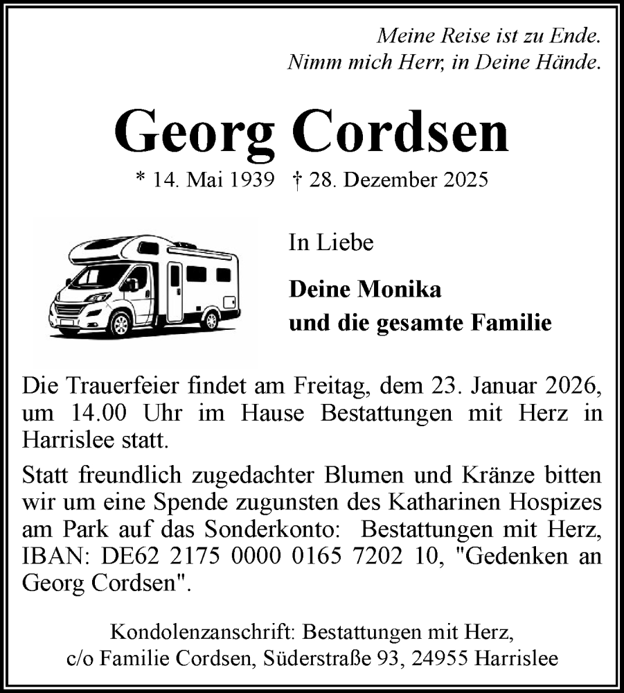  Traueranzeige für Georg Cordsen vom 10.01.2026 aus Flensburger Tageblatt