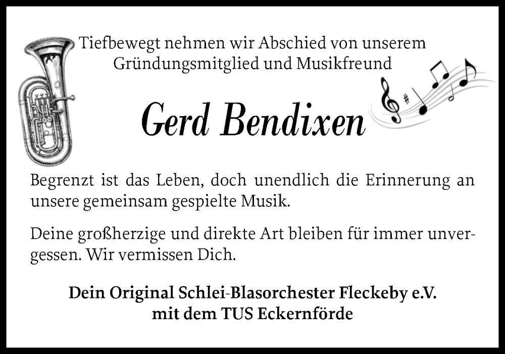  Traueranzeige für Gerd Bendixen vom 10.01.2026 aus Eckernförder Zeitung, Hallo Eckernförde
