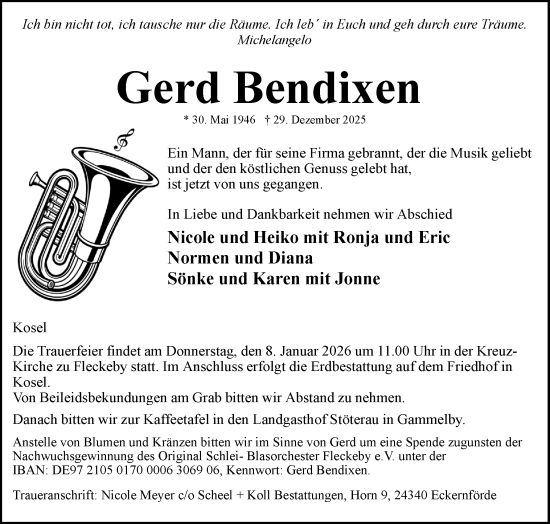 Traueranzeige von Gerd Bendixen von Eckernförder Zeitung