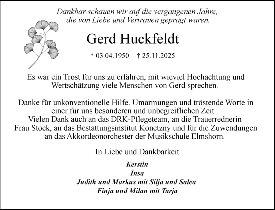 Traueranzeige von Gerd Huckfeldt von Elmshorner Nachrichten, Barmstedter Zeitung