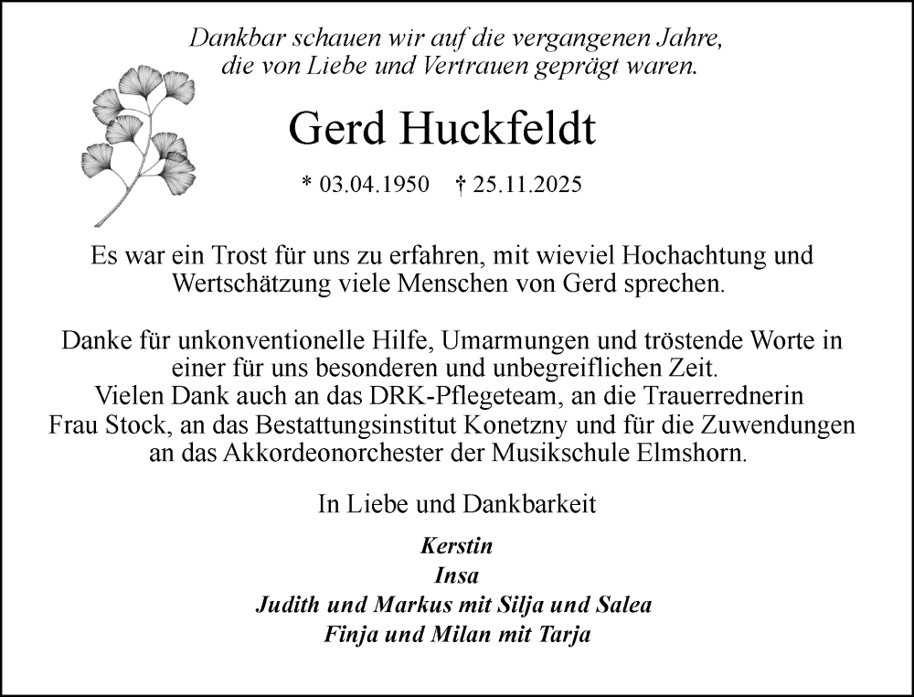  Traueranzeige für Gerd Huckfeldt vom 17.01.2026 aus Elmshorner Nachrichten, Barmstedter Zeitung