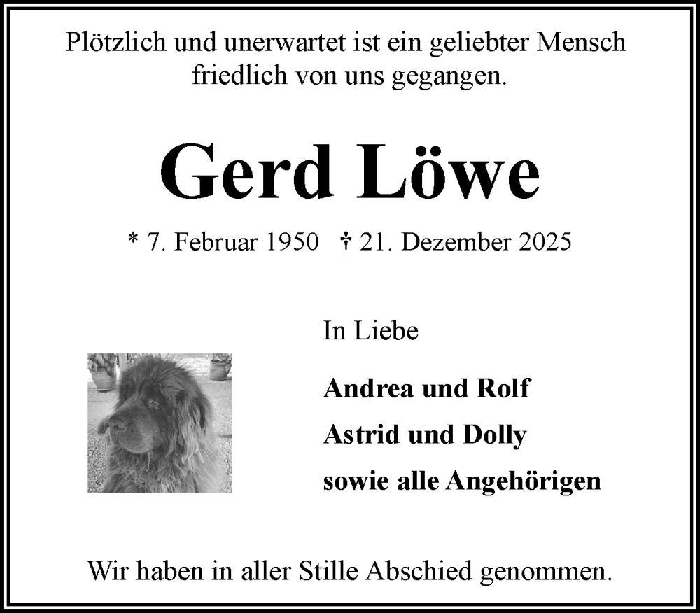  Traueranzeige für Gerd Löwe vom 03.01.2026 aus Flensburger Tageblatt
