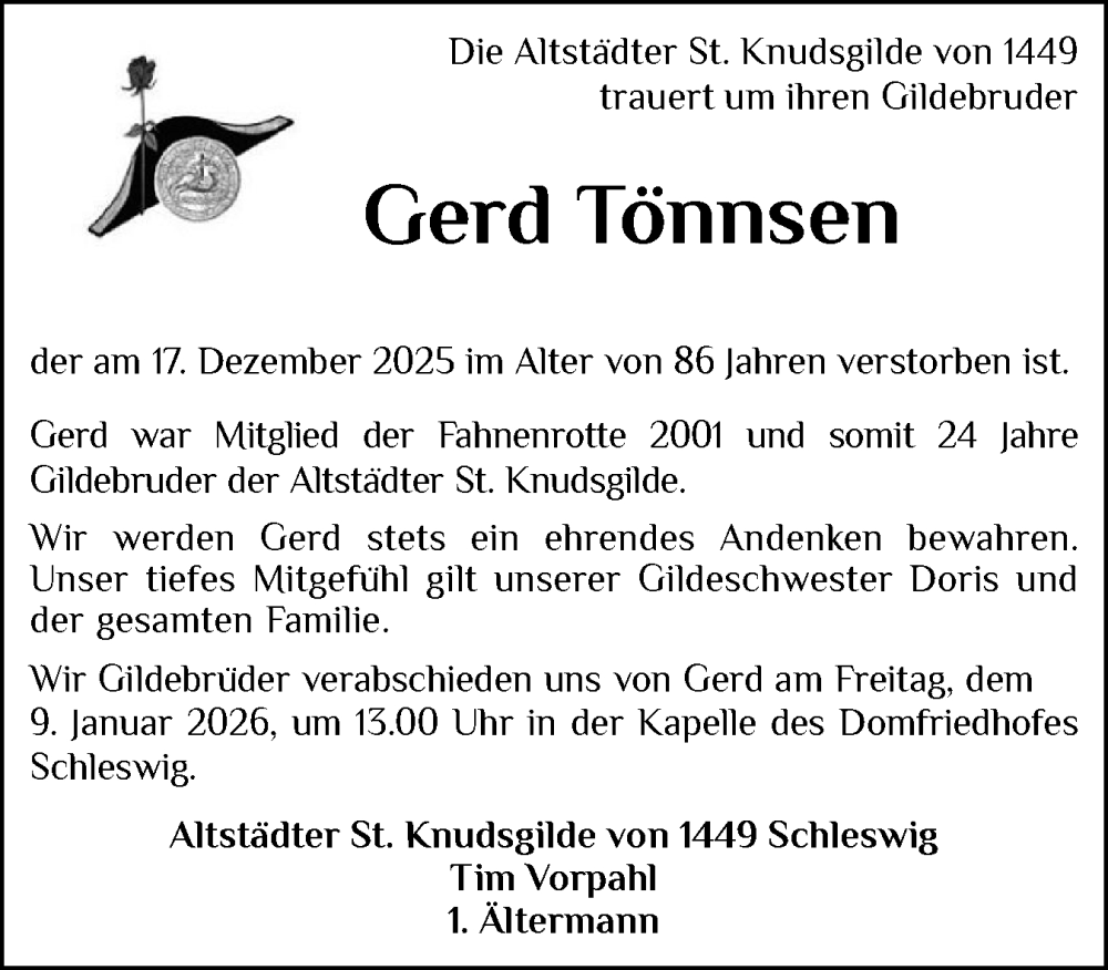  Traueranzeige für Gerd Tönnsen vom 03.01.2026 aus Schleswiger Nachrichten, Schlei-Bote
